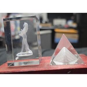 Vintage PYRAMID Crystal Figurine Etched Block and Stepped Pyramid Set Clear